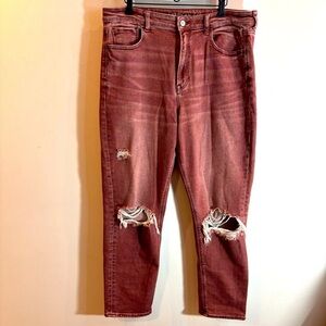 AMERICAN EAGLE Sz 14 Brick Red Distressed High Rise Mom Jeans